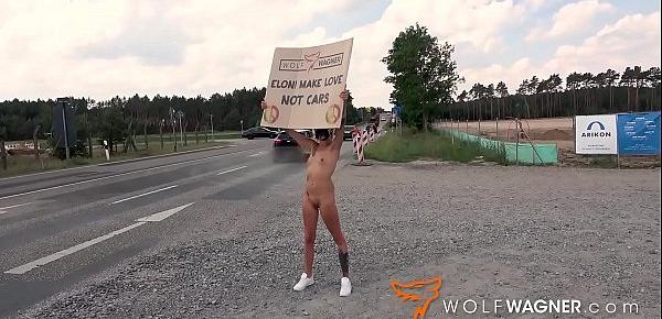  TESLA PROTEST! Nude in public for a greater good! Kitty Blair protests against Tesla and fucks her helper outdoors! wolfwagner.com